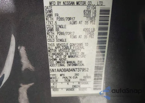 2004 Nissan Pathfinder Armada Se Off-Road z USA, uszkodzony, nr VIN 5N1AA08A84N737952